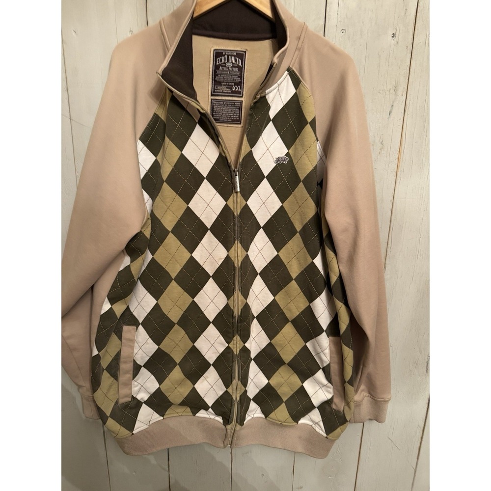 Ecko unltd Jacket Mens XXL Khaki Tan Collar Argyle Vintage Zip Up Track Jacket!
